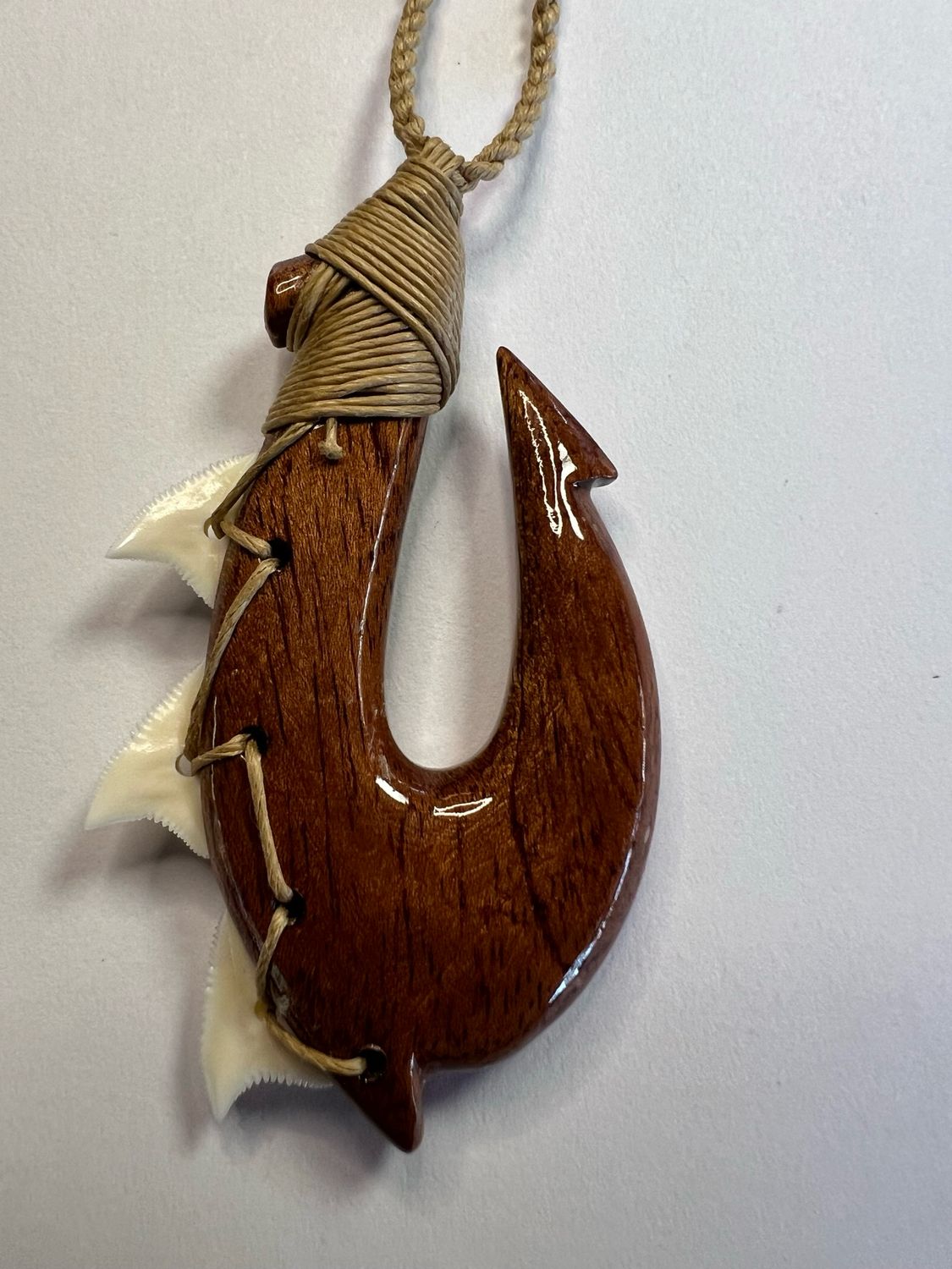 Koa Fish Hook Necklace with Shark Teeth