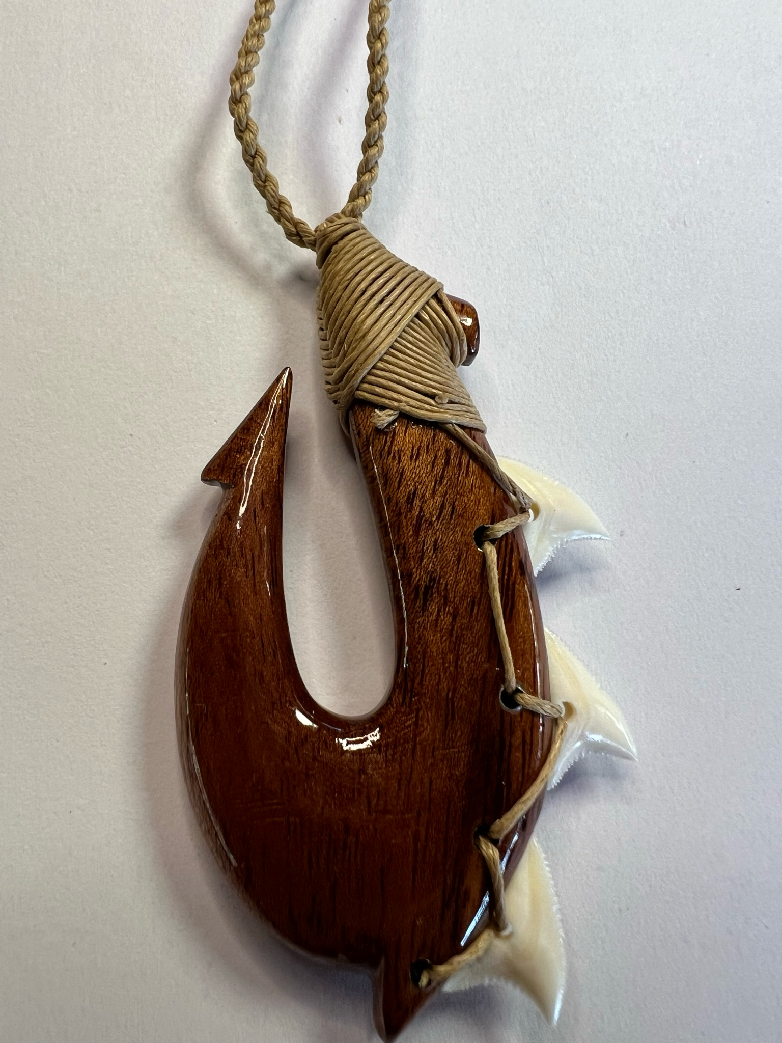 Koa Fish Hook Necklace with Shark Teeth