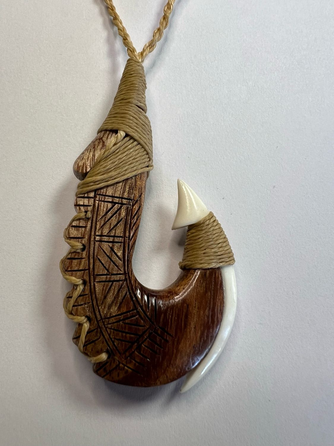 Koa and Bone Tribal Carved and Lashed Fish Hook Pendant on Adjustable Hand Braided Tan Cord (2 styles), Style: Koa Wood Hook with Bone Barb