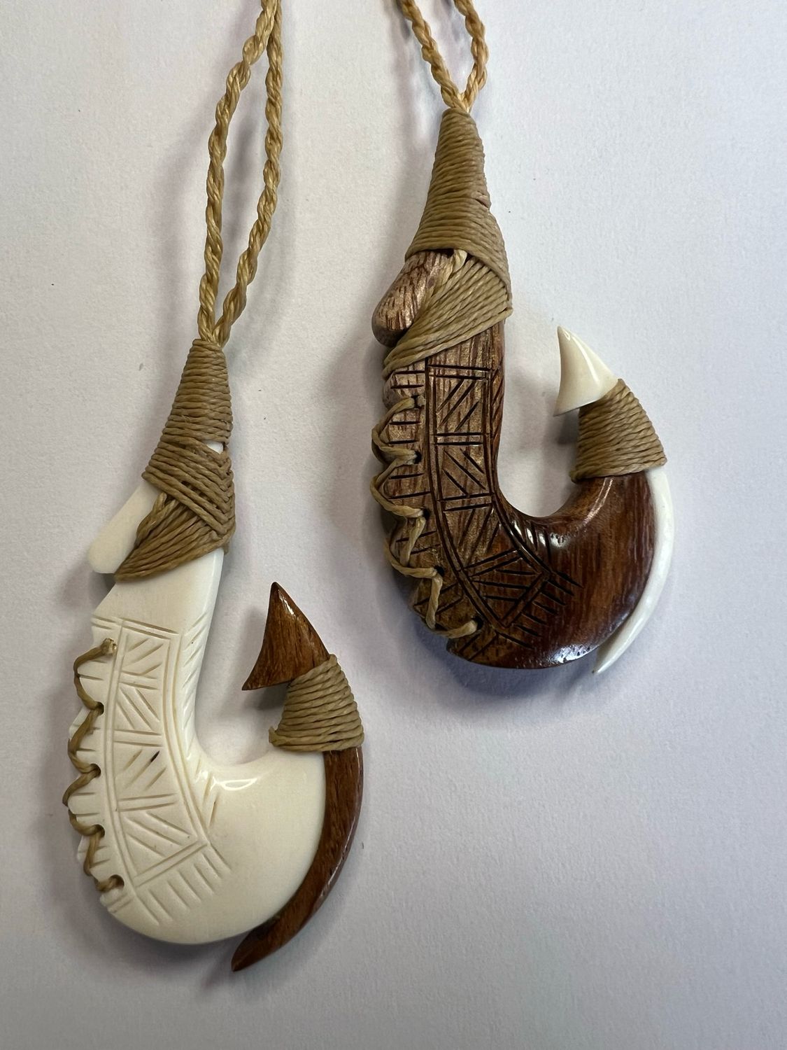 Koa and Bone Tribal Carved and Lashed Fish Hook Pendant on Adjustable Hand Braided Tan Cord (2 styles)