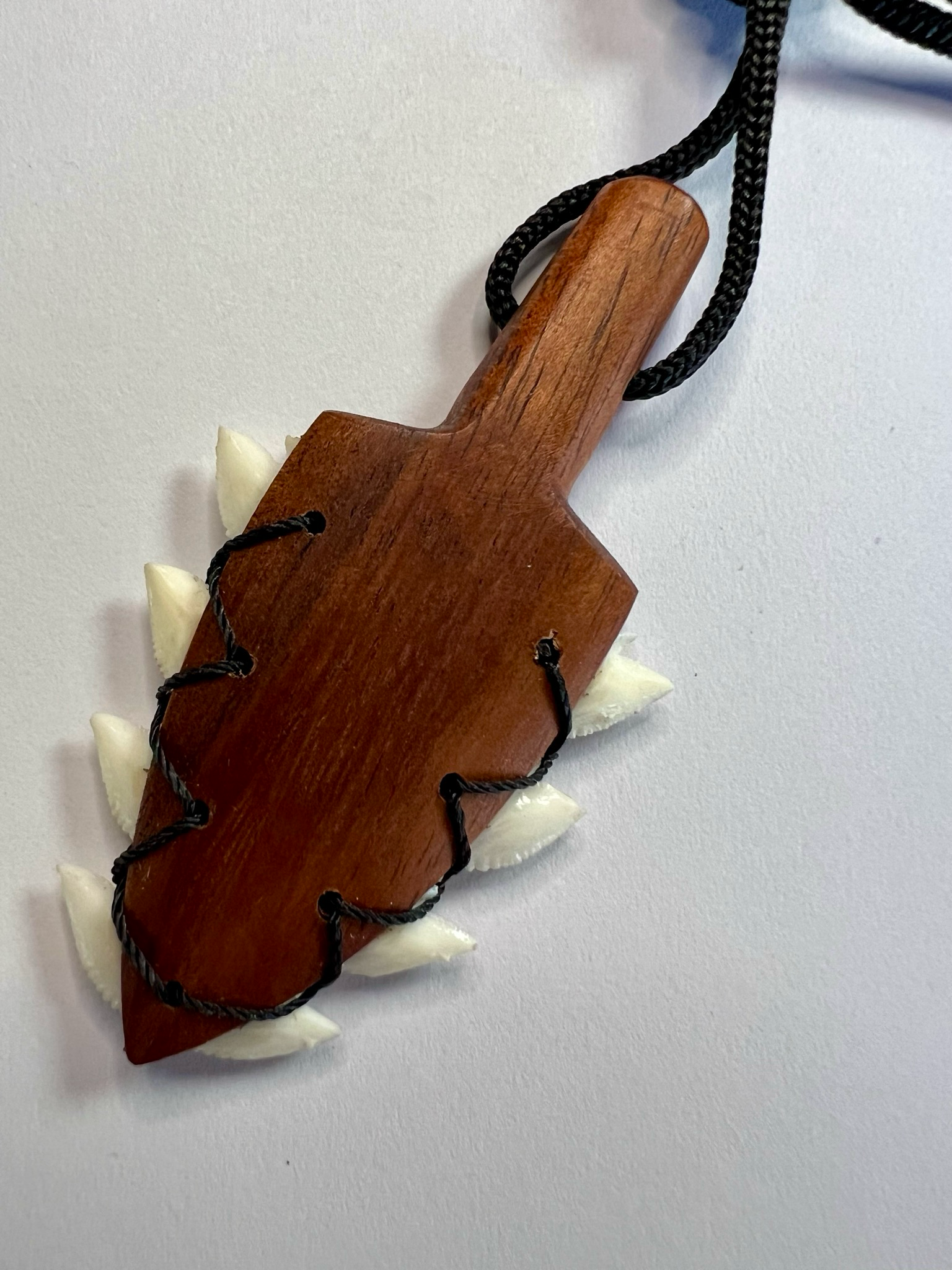 Koa Wood Hawaiian War Club Pendant with Shark Teeth