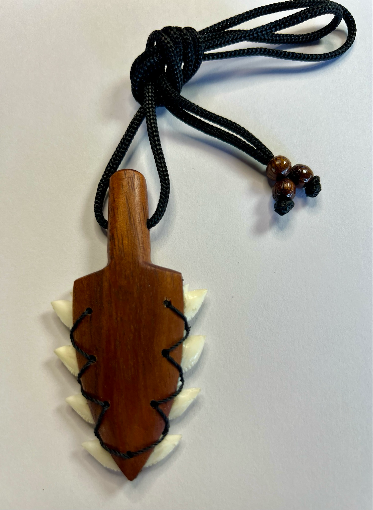 Koa Wood Hawaiian War Club Pendant with Shark Teeth