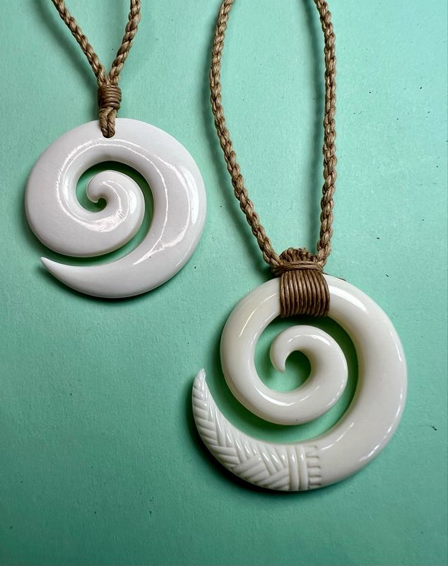 Hawaiian Bone Koru Spiral Pendant on Hand Braided Adjustable Tan Cord (2 Designs)