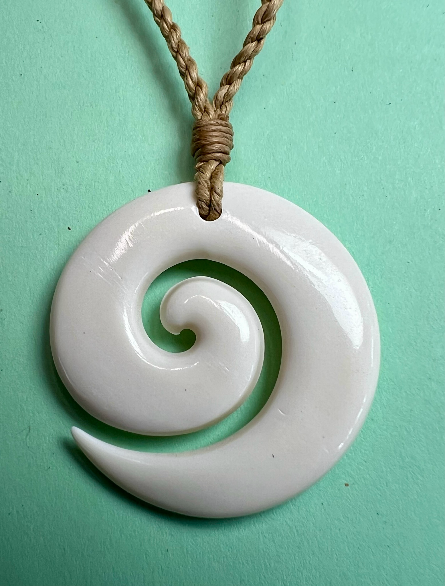 Hawaiian Bone Koru Spiral Pendant on Hand Braided Adjustable Tan Cord (2 Designs)