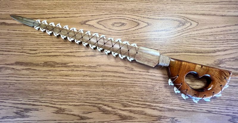 Hawaiian Swordfish Bill Koa Knuckle Duster Weapon with Real Tiger Shark Teeth 30"