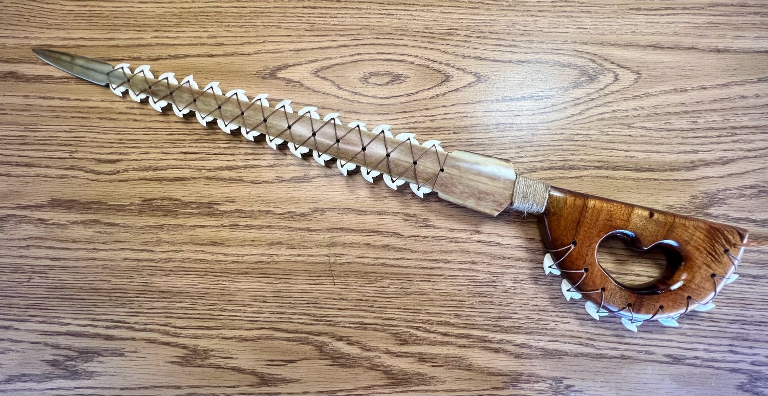 Hawaiian Swordfish Bill Koa Knuckle Duster Weapon with Real Tiger Shark Teeth 30"