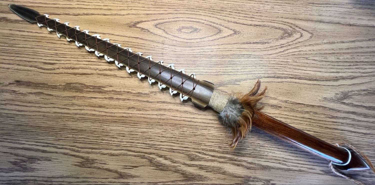 Hawaiian Swordfish Weapon with Tiger Shark Teeth & Koa Wood Handle 33 Hawaiian Swordfish Weapon with Tiger Shark Teeth & Koa Wood Handle 33"