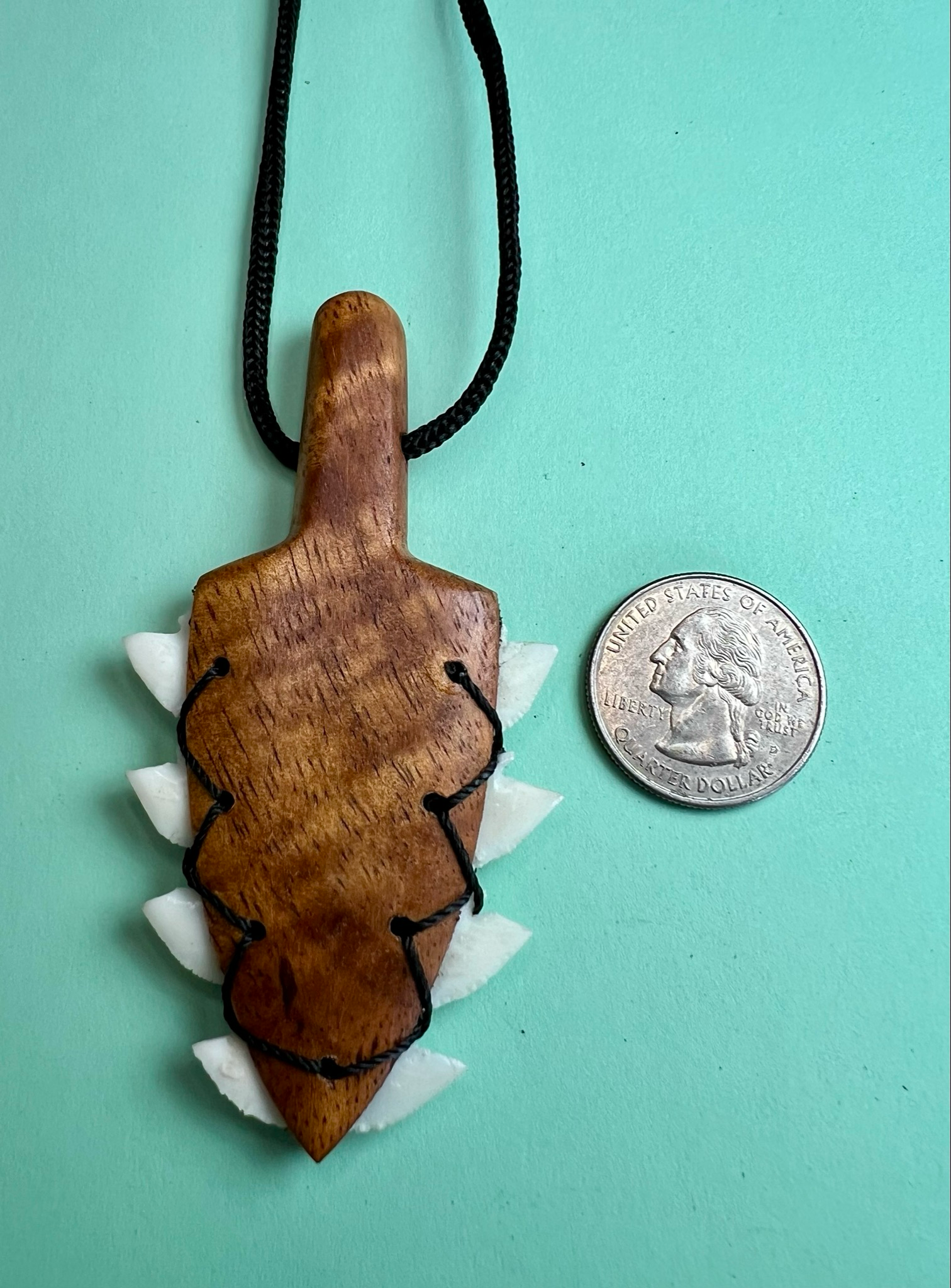 Koa Wood Hawaiian War Club Pendant with Shark Teeth