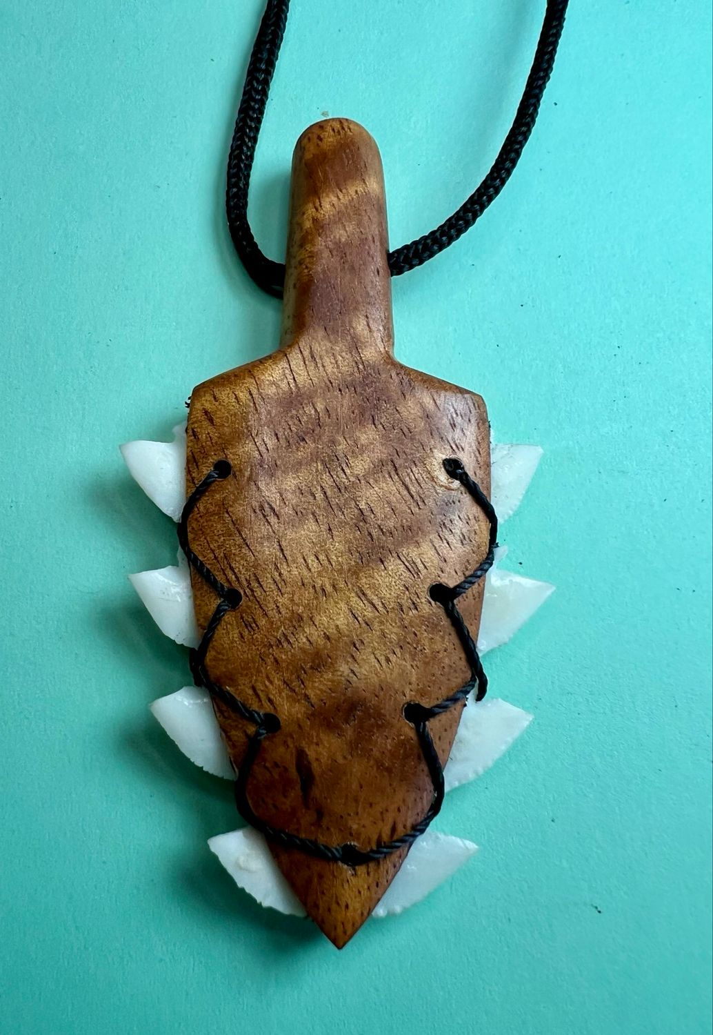 Koa Wood Hawaiian War Club Pendant with Shark Teeth