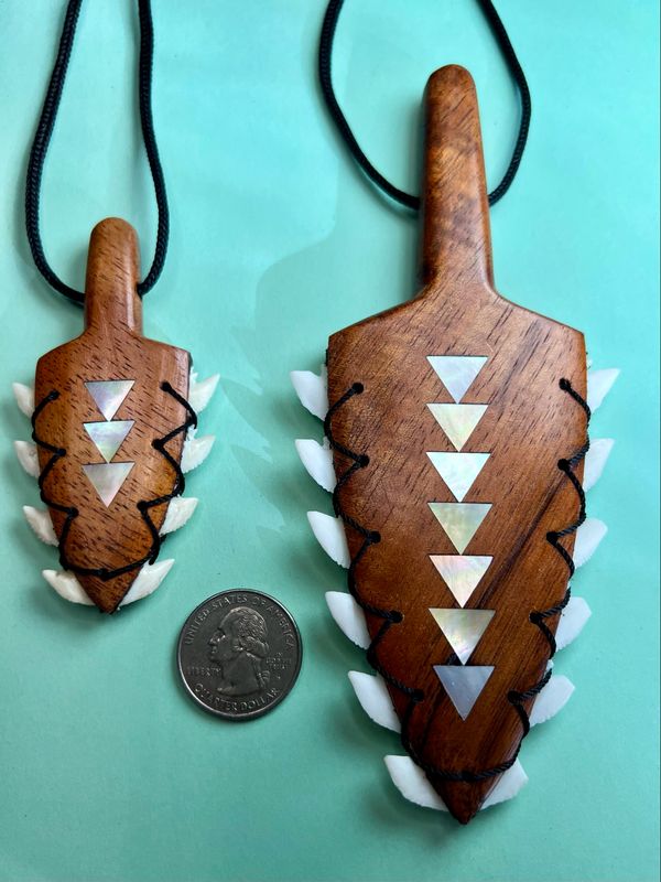Koa Wood Hawaiian War Club Pendant Abalone Shell inlay with Shark Teeth (2 Sizes)