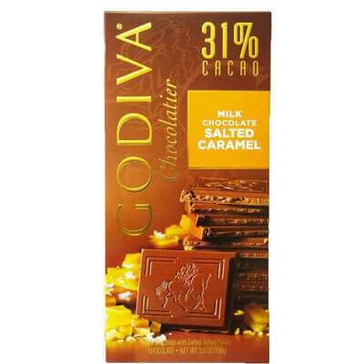 Godiva Chocolatier 31% Cacao Milk Chocolate Salted Caramel Bar, 100G.