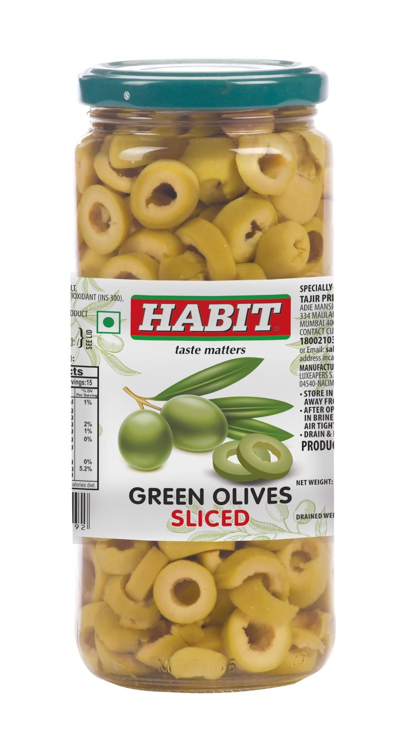Habit Green Sliced Olives (430g) - Cocktail Garnish &amp; Snacking Delight, Imported from Spain