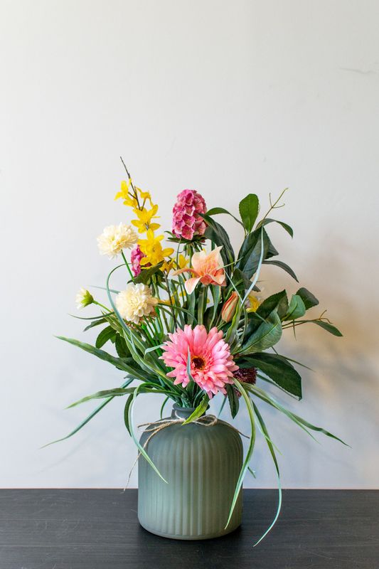 Boeket roos/groen/geel