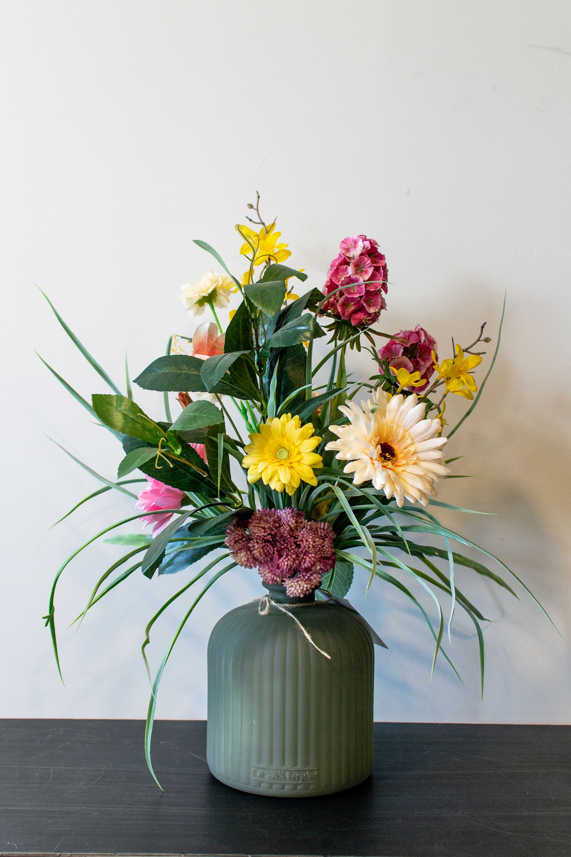 Boeket roos/groen/geel