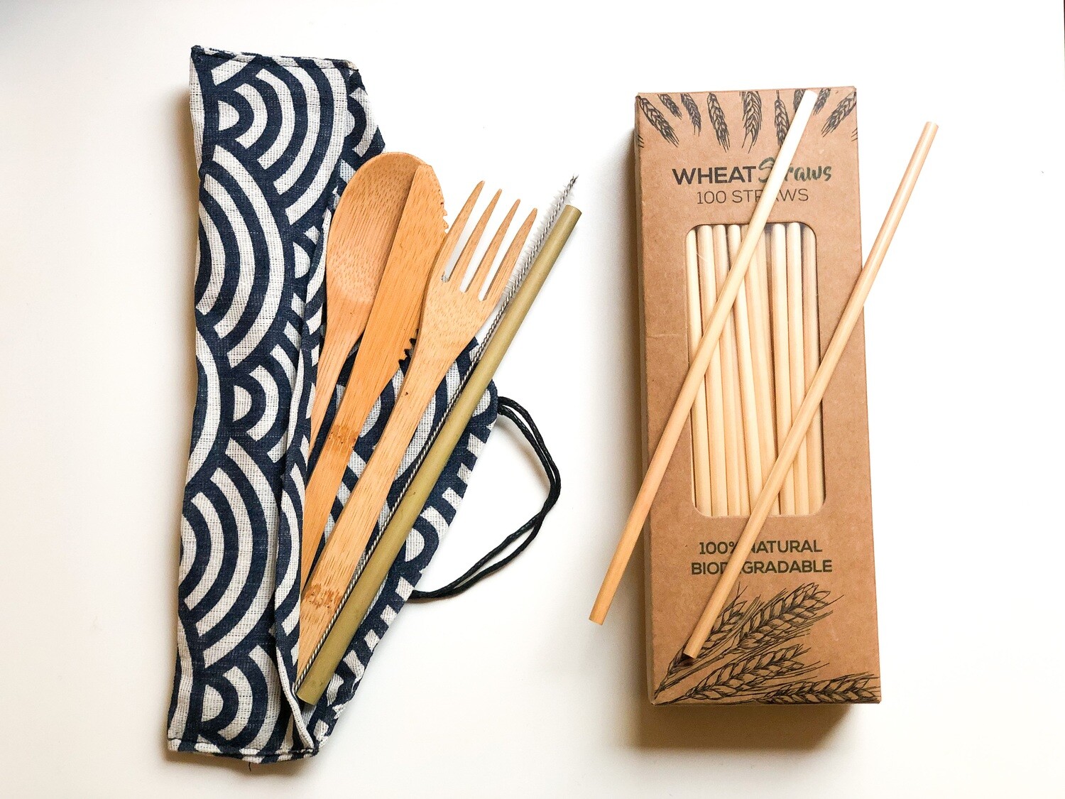 Set de cubiertos bambú + pajitas de trigo