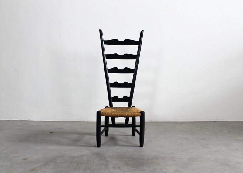 Gio Ponti Black Fireplace Chair in Beech and Straw Italian Manufacture 1950s