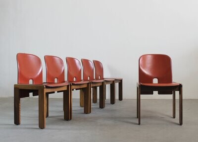 Tobia & Afra Scarpa Set of Six 121 Chairs in Walnut and Leather by Cassina 1960s
