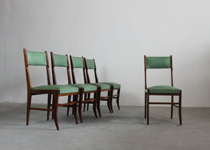 Gio Ponti Set of Five Dining Chairs in Wood and Skai Italian Manufacture 1950s