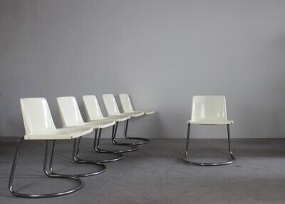 Giotto Stoppino Set of Six Alessia Chairs in Metal and White ABS by Driade 1970s