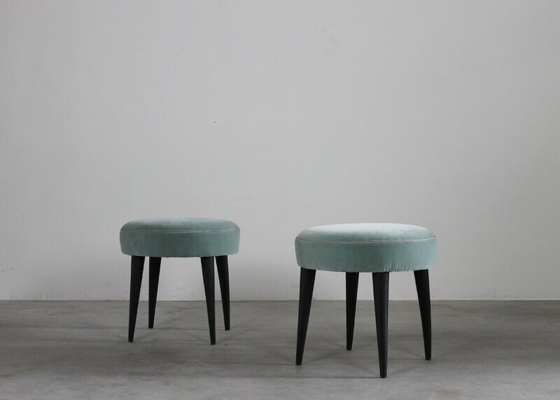 Gio Ponti Set of Two Stools in Black Lacquered Wood and Fabric 1950s Italy