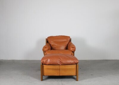 Tobia & Afra Scarpa Armchair and Footrest in Wood and Leather by Maxalto 1975