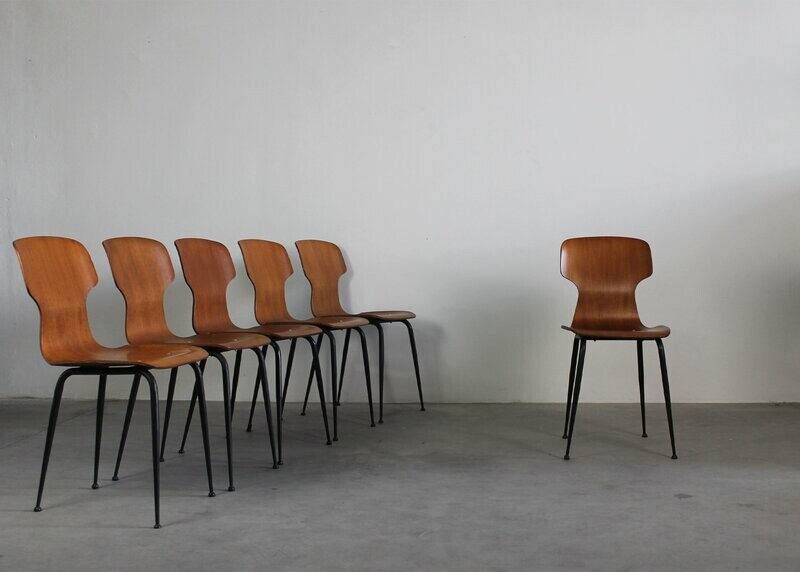 Carlo Ratti Set of Six Chairs in Plywood by Industria Compensati Curvati 1950s