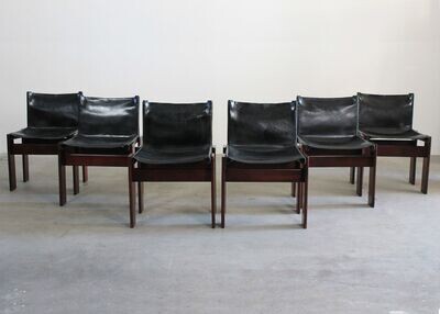 Tobia & Afra Scarpa Set of Six Monk Chairs in Beech and Leather Molteni 1970s