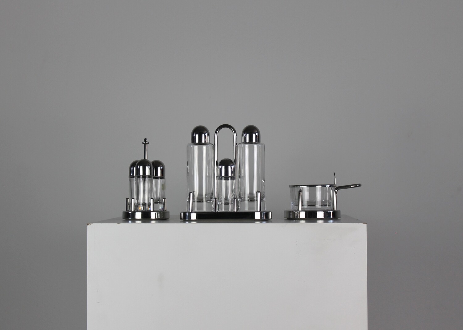 Ettore Sottsass Cruet Set in Stainless Steel and Glass by Alessi, 1978, Italy