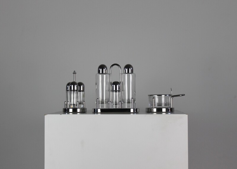 Ettore Sottsass Cruet Set in Stainless Steel and Glass by Alessi, 1978, Italy