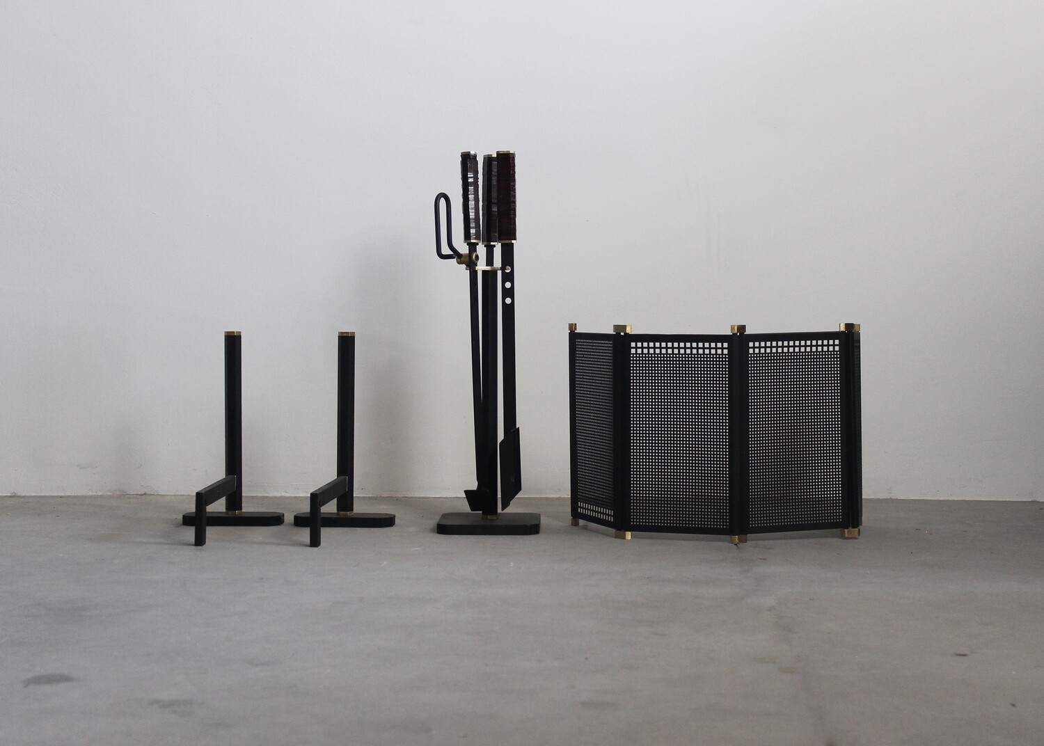 Tobia & Afra Scarpa Fireplace Set in Iron and Brass by Dimensione Fuoco 1980s