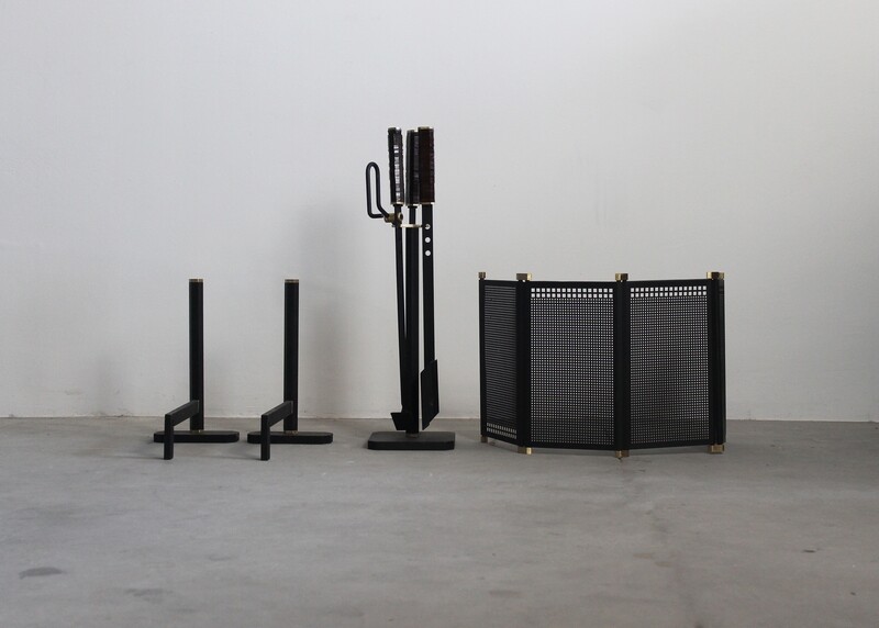 Tobia & Afra Scarpa Fireplace Set in Iron and Brass by Dimensione Fuoco 1980s