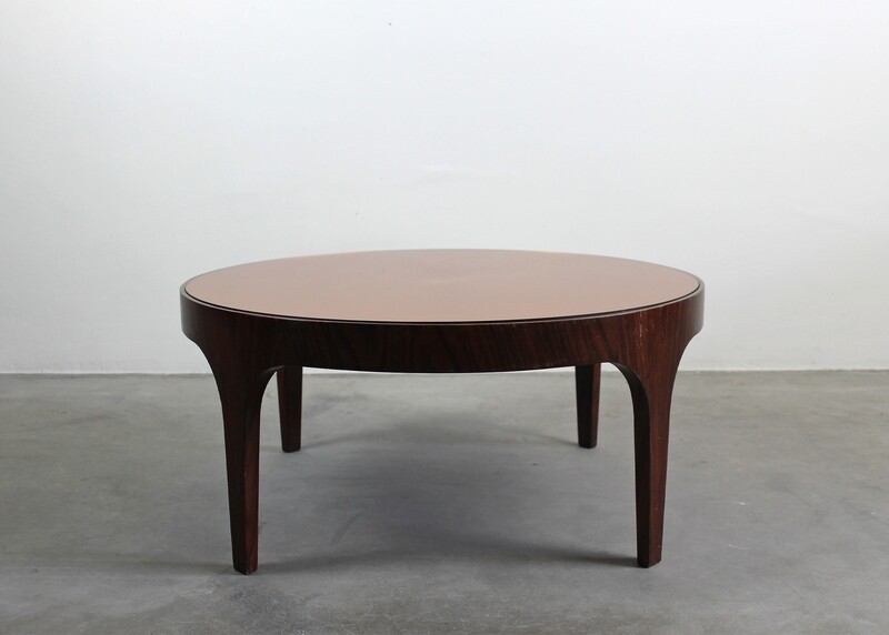 Max Ingrand Round Side Table in Wood and Mirrored Crystal by Luigi Fontana 1960s