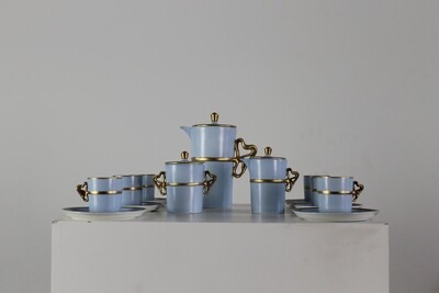 Antonia Campi Tea Set in Light Blue Porcelain and Pure Gold by Laveno 1950s