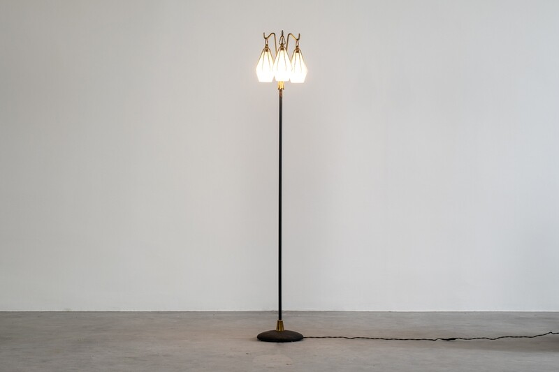 Angelo Lelii Metallic Floor Lamp with Three Glass Elements by Arredoluce 1950