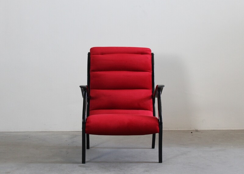 Ezio Longhi Mitzi Armchair in Black Wood and Red Velvet for Elam Italy 1950s