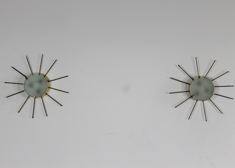 Set of Two Wall Lamps in Yellow and Beige Lacquered Metal and Glass by G.C.M.E. 1955