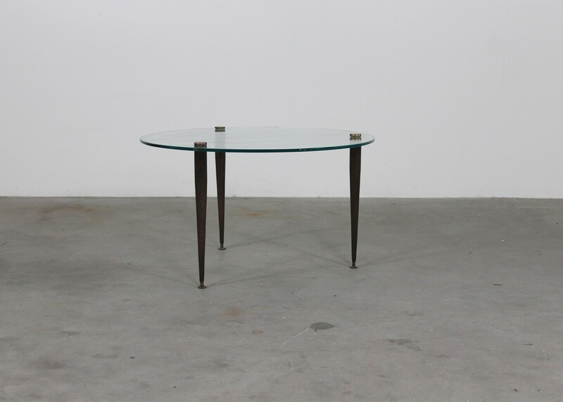 Round Coffee Table with Crystal Top and Brass Legs Italian Manufacture 1950s