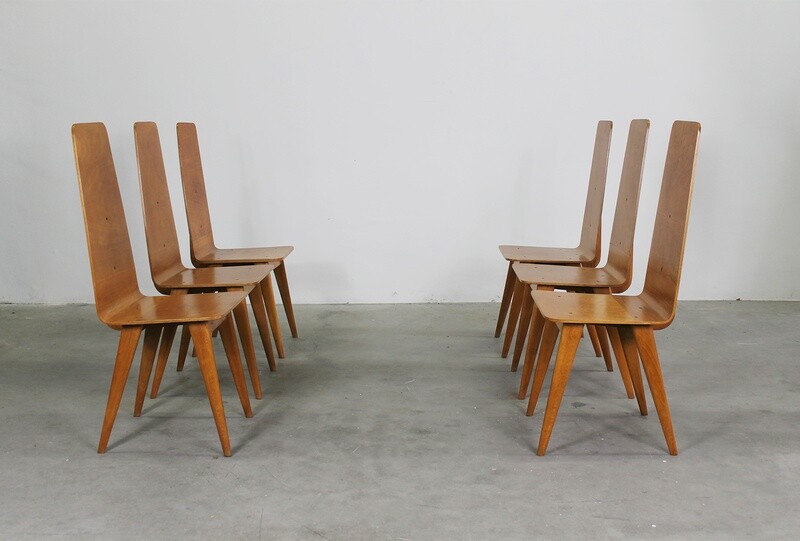 Sineo Gemignani Set of Six Chairs in Curved Wood Italian Manufacture 1940s