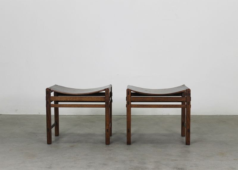 Giuseppe Rivadossi Set of Two Stools in Oak Wood by Officina Rivadossi 1970s