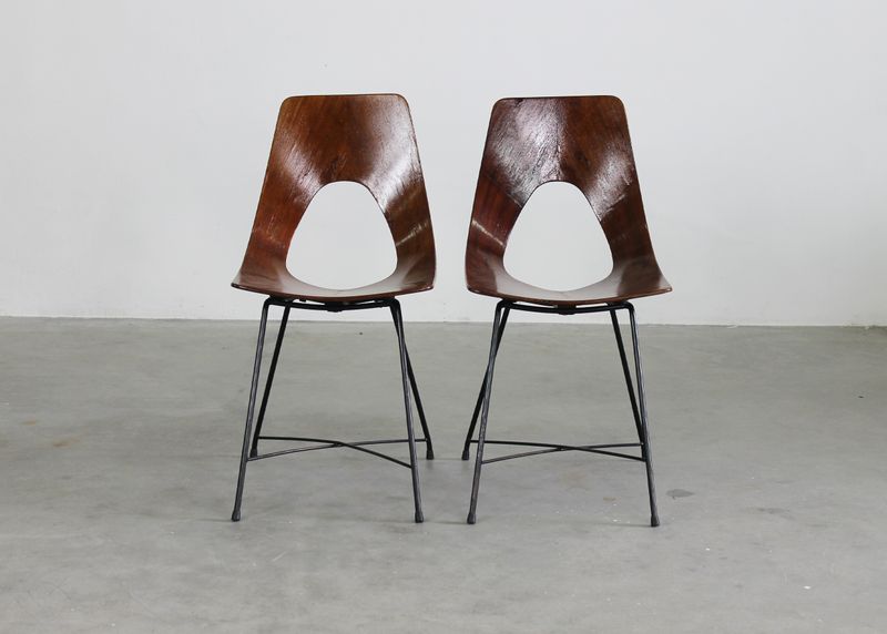Augusto Bozzi Set of Two Ariston Chairs in Plywood and Metal by Saporiti 1950s