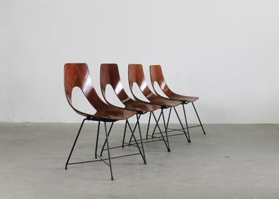 Augusto Bozzi Set of Four Ariston Chairs in Plywood and Metal by Saporiti 1950s