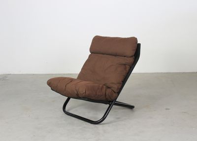 Marcello Cuneo High Backrest Cross Armchair in Steel and Brown Fabric by Arflex 1970s