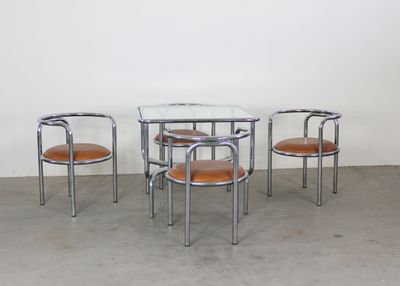 Gae Aulenti Locus Solus Dining Room Set in Steel and Leather by Poltronova 1970s