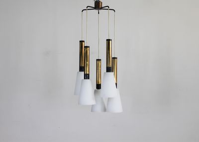 Pendant Lamp with Five Elements in Opaline Glass by Stilnovo 1960s Italy