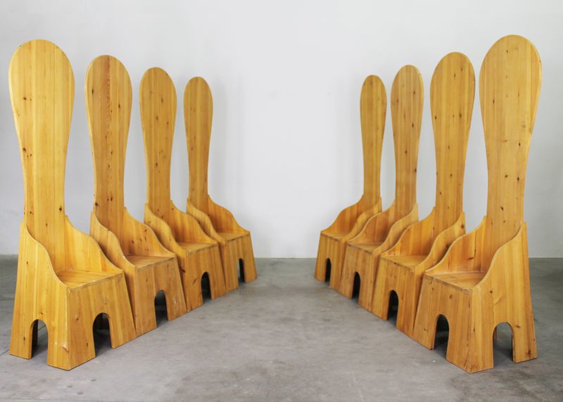 Mario Ceroli Set of Eight Fratina Chairs in Wood Mobili della Valle series by Poltronova 1970s