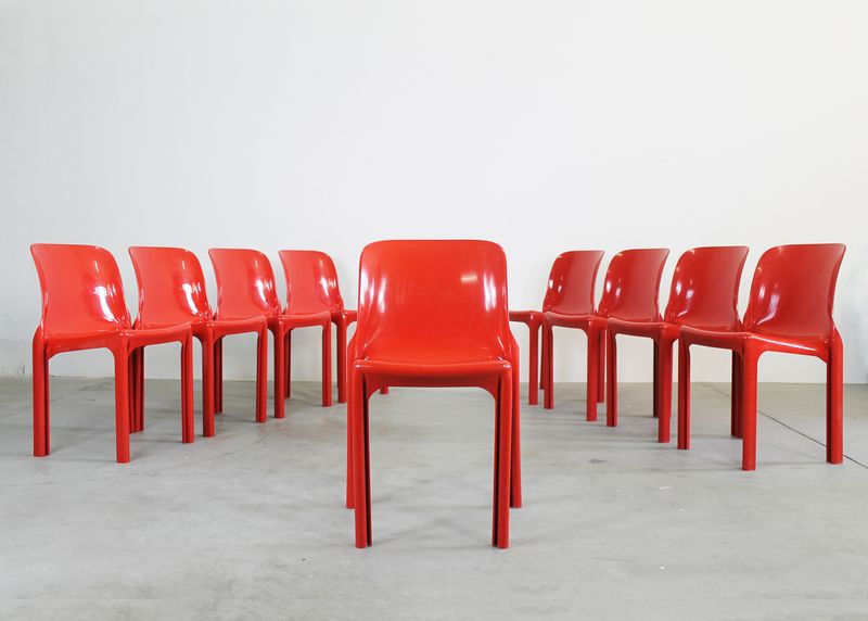 Vico Magistretti Set of Nine Red Selene Chairs by Heller 2000s
