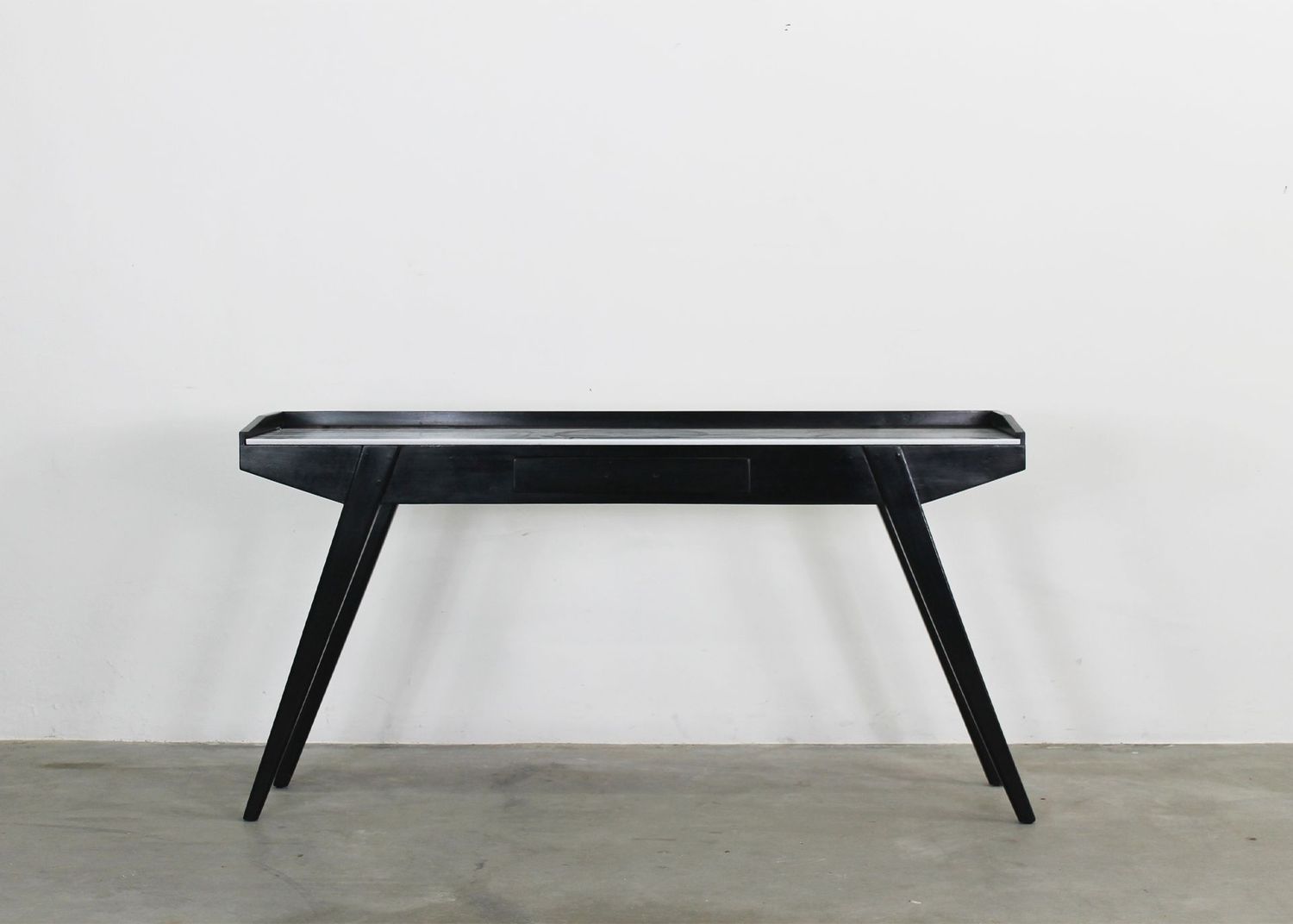 Console Table in Black Lacquered Wood and Zebrino Marble Italian Manufacture 1950s