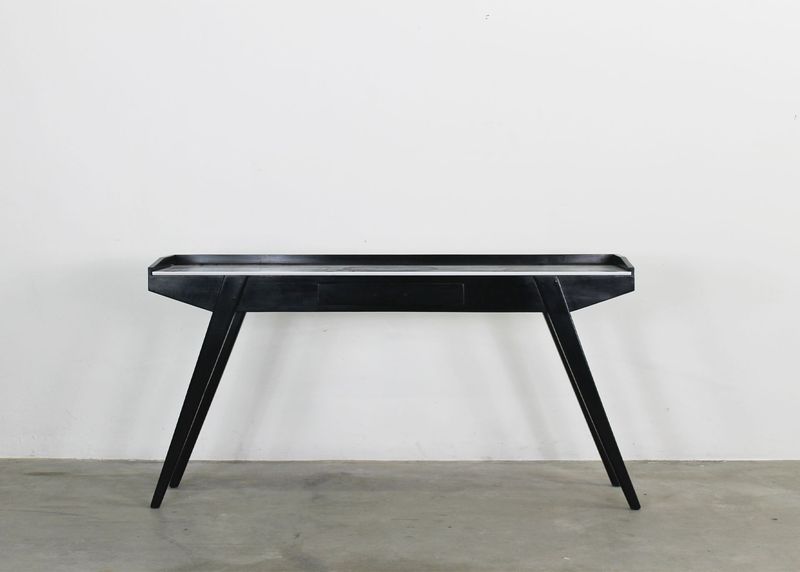 Console Table in Black Lacquered Wood and Zebrino Marble Italian Manufacture 1950s