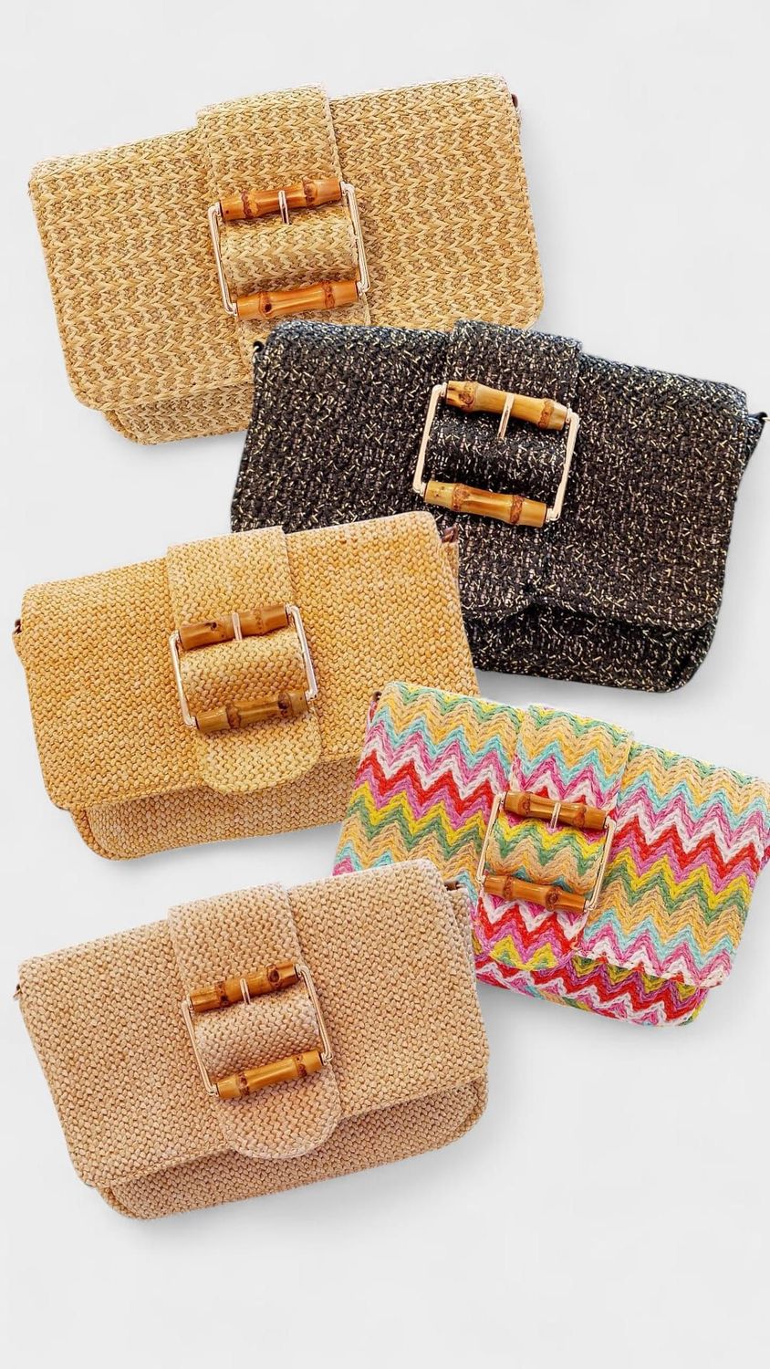 Bolso rafia bandolera hebilla madera