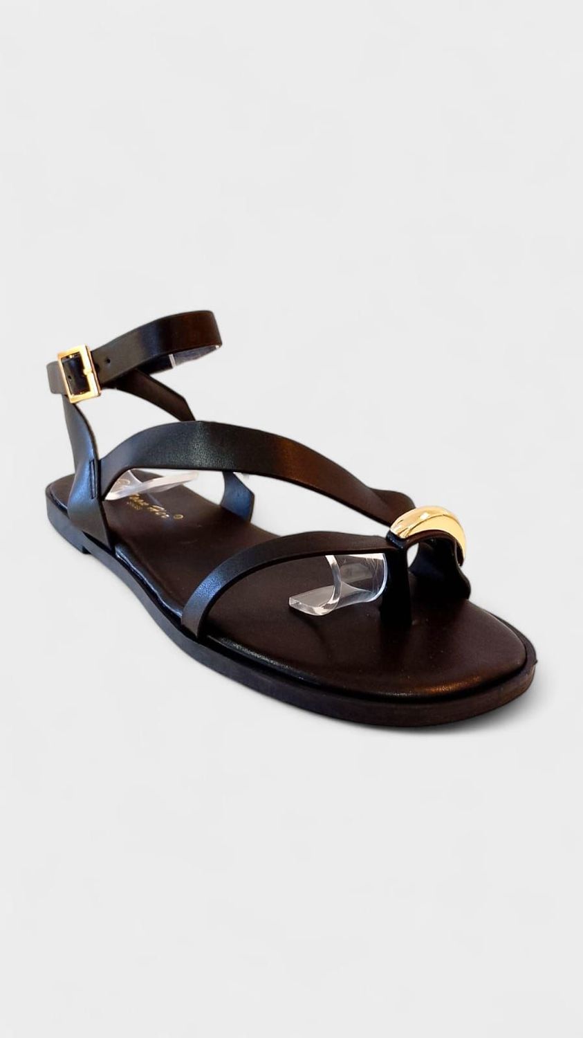 Sandalia plana tiras chapa dedo pulsera new negro